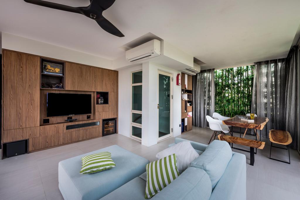 Contemporary, Condo, Living Room, Hillview Avenue, Interior Designer, Prozfile Design, Sofa, Green Cushions, Blue Sofa, Wooden Cabinets, Wooden Feature Wall, Tv Feature Wall, Dining Table, Feature Wall, Electronics, Entertainment Center, Furniture, Table, Indoors, Interior Design, Room, Chair, Home Theater