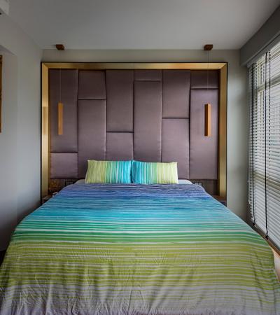 Hillview Avenue, Prozfile Design, Contemporary, Bedroom, Condo, Blinds, Cushioned Headboard, High Headboard, Colourful Bedsheet, Bed, Furniture