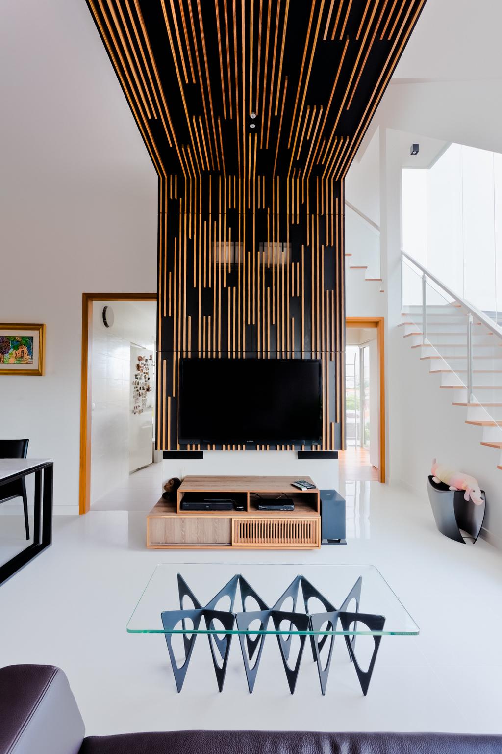 Scandinavian, Condo, Living Room, East Coast Residence, Interior Designer, Prozfile Design, Wooden Tv Console, Glass Coffee Table, Brown Coffee Table, Wood Ceiling, Stairs, Staircase, White Wall, Black Sofa, Wooden Console, Dining Table, Furniture, Table