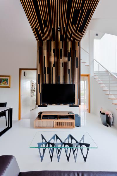 East Coast Residence, Prozfile Design, Scandinavian, Living Room, Condo, Wooden Tv Console, Glass Coffee Table, Brown Coffee Table, Wood Ceiling, Stairs, Staircase, White Wall, Black Sofa, Wooden Console, Dining Table, Furniture, Table