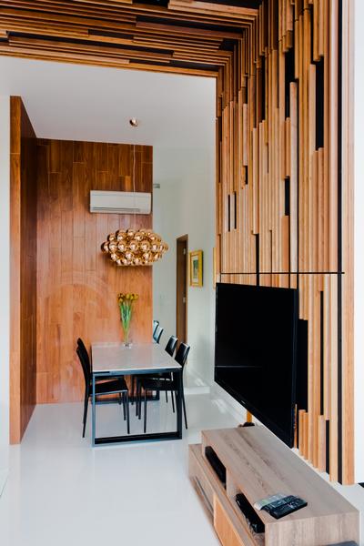 East Coast Residence, Prozfile Design, Scandinavian, Dining Room, Condo, Wood Feature Wall, Wall Art, Dining Table, Tv Console, Wooden Feature Wall, Decorative Light, Wooden Tv Console, Wooden Wall, Hanging Light, Feature Wall, Furniture, Table