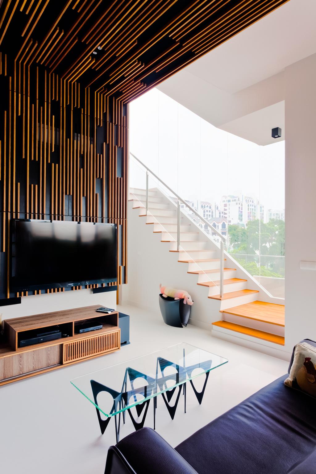 Scandinavian, Condo, Living Room, East Coast Residence, Interior Designer, Prozfile Design, Black Sofa, Glass Coffee Table, Brown Coffee Table, Wood Ceiling, Stairs, Staircase, Wooden Console, Wooden Tv Console