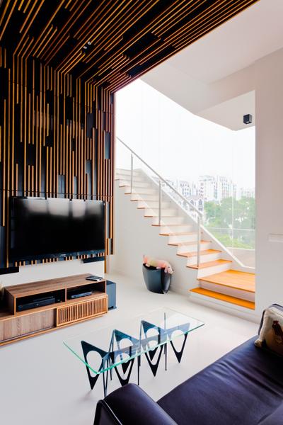 East Coast Residence, Prozfile Design, Scandinavian, Living Room, Condo, Black Sofa, Glass Coffee Table, Brown Coffee Table, Wood Ceiling, Stairs, Staircase, Wooden Console, Wooden Tv Console