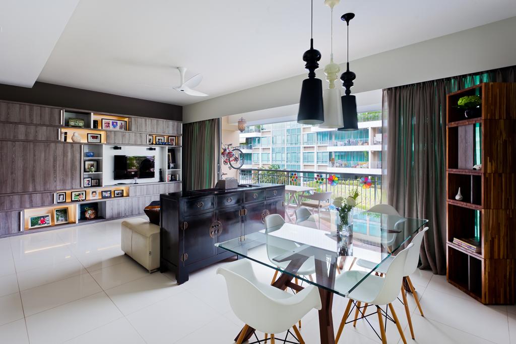 Contemporary, Condo, Living Room, Clementi Woods, Interior Designer, Prozfile Design, Glass Dining Table, Full Length Window, Wooden Display Cabinet, Wooden Cabinets, Wooden Laminate, White Chair, Hanging Light, Pendant Light, Black Cabinets, Chair, Furniture, Indoors, Interior Design, Dining Table, Table
