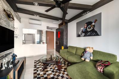 Belysa (Block 59), Prozfile Design, , Living Room, , Green Sofa, Sofa, Wall Portrait, Ceiling Beam, Bear, Toy Plush, Square Tiles, Brown Coffee Table, Black Ceiling Beams, Tv Feature Wall, Flatscreen Tv, Wall Mounted Tv, Tv Shelf, Tv Console, Feature Wall, Couch, Furniture, Art, Modern Art