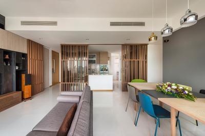 Quinterra, Prozfile Design, Contemporary, Living Room, Condo, Tv Feature Wall, False Ceiling, White Floor, Sofa, Wooden Table, Blue Chair, Hanging Lights, Wooden Partition, Feature Wall, Couch, Furniture, Indoors, Interior Design, Dining Table, Table, Flora, Jar, Plant, Potted Plant, Pottery, Vase