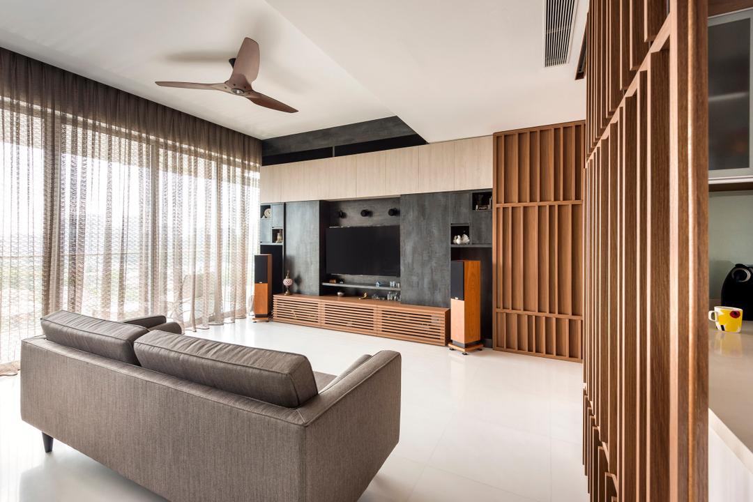 Quinterra, Prozfile Design, Contemporary, Living Room, Condo, Wooden Partition, White Floor, Wooden Wall, Mini Ceiling Fan, Tv Feature Wall, Tv Shelf, Sofa, Curtains, Feature Wall, Electronics, Entertainment Center, Indoors, Interior Design