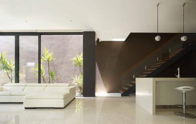 Lim House, TOPOS Design Studio, Modern, Landed, White Sofa, Hanging Lights, Stairway, Glass Railing, White Counter, Bar Stool, Glass Wall, Flora, Jar, Plant, Potted Plant, Pottery, Vase, Indoors, Interior Design, Couch, Furniture