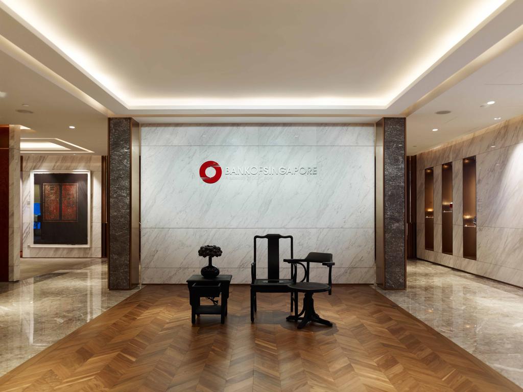 Bank of Singapore, Commercial, Architect, TOPOS Design Studio, Modern, False Ceiling, Concealed Lighting, Concealed Lights, Recessed Lights, Parquet Flooring, Wooden Flooring, Brown Floor, Black Chair, Signage, Wall Portrait, Chair, Furniture, Hardwood, Wood