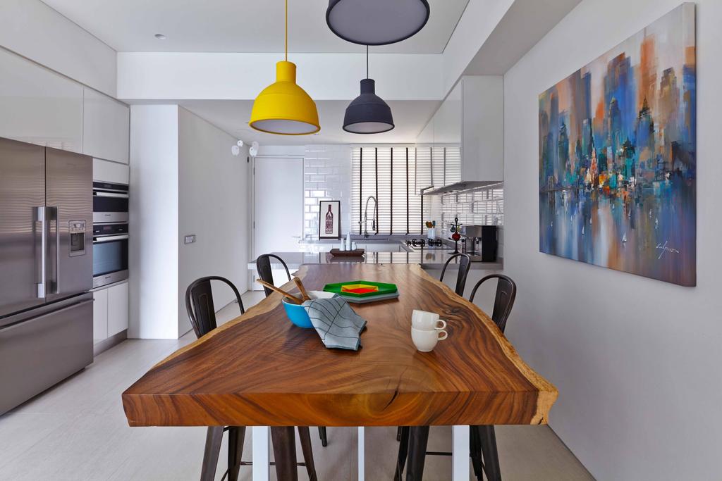 Contemporary, Condo, Dining Room, Costa Rhu, Architect, TOPOS Design Studio, Hanging Lights, Colourful Lighting, Wall Art, Wall Portrait, Wooden Table, White Wall, Dining Table, Furniture, Table, Indoors, Interior Design, Room