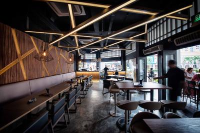 The Shaven Cat, TOPOS Design Studio, Industrial, Commercial, Wooden Wall, Dining Table, Dining Chair, Pendant Light, Pendant Lights, Wooden Ceiling Beams, Ceiling Beam, High Chair, Human, People, Person, Chair, Furniture, Cafe, Restaurant, Table, Bench