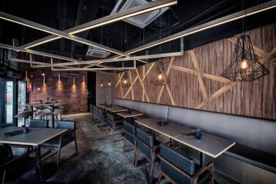 The Shaven Cat, TOPOS Design Studio, Industrial, Commercial, Dining Chairs, Dining Table, Concrete Floor, Industrial Floor, Pendant Light, Wooden Wall, Dining Bench, Ceiling Beam, Wooden Ceiling Beams, Industrial Lighting, Furniture, Table, Bench, Chair
