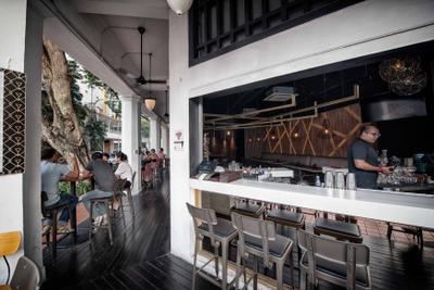 The Shaven Cat, TOPOS Design Studio, , , Exterior View, Bar Counter, White Bar Counter, High Chair, Human, People, Person, Chair, Furniture, Cafe, Restaurant, Dining Table, Table, Pub