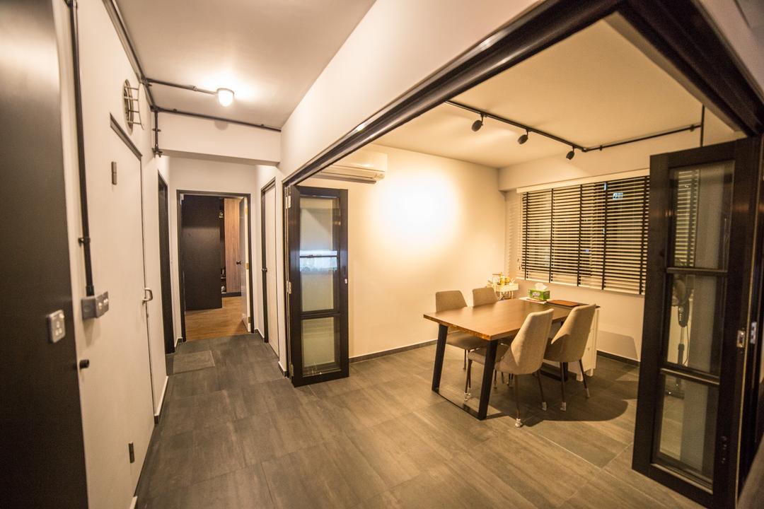 Compassvale Crescent, MET Interior, Scandinavian, Dining Room, HDB, Wooden Floor, Wood Dining Table, Dining Chair, Black Track Lights, Wood Door, Glass Panels, Roll Up Down Curtain, Dining Table, Furniture, Table, Appliance, Electrical Device, Oven, Indoors, Interior Design, Room