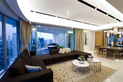 Trillium, TOPOS Design Studio, Modern, Living Room, Condo, Recessed Lights, Rug, Brown Coffee Table, Round Coffee Table, Black Sofa, Sofa, L Shaped Sofa, Curtains, White Ceiling, Couch, Furniture, Dining Table, Table, Indoors, Interior Design, Room