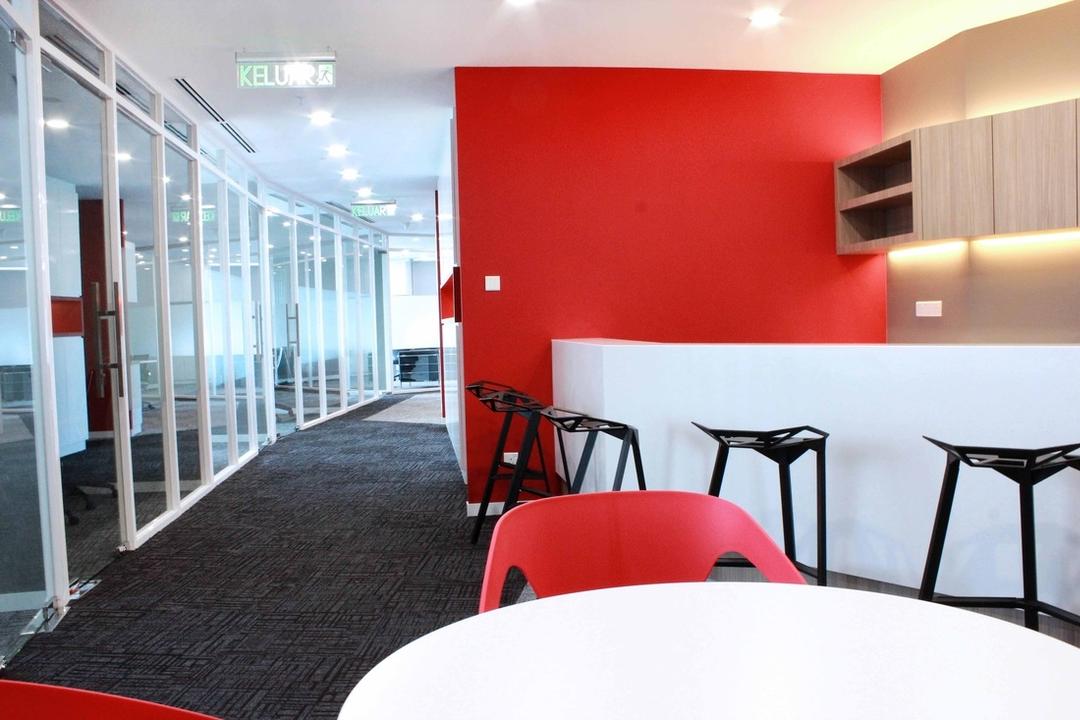 Circor Energy Office @ Maxis tower, MLA Design, Modern, Commercial, White, Red, Office, Shelves, Cove Lighting, Countertop, Chairs, Stools, Glass Doors, Chair, Furniture