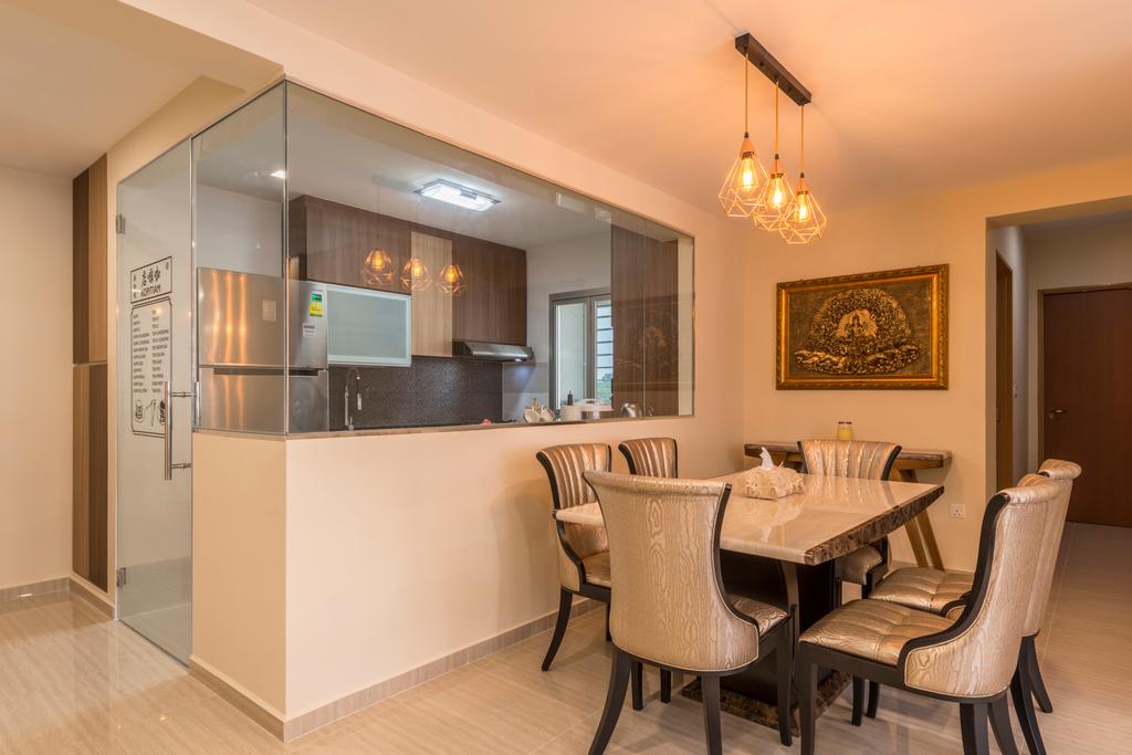 Traditional, HDB, Dining Room, Choa Chu Kang (Block 812C), Interior Designer, ID Gallery Interior, Hanging Lights, Marble Dining Table, Dining Chair, White Marble Floor, Dining Table, Furniture, Table, Chair, Indoors, Interior Design, Room