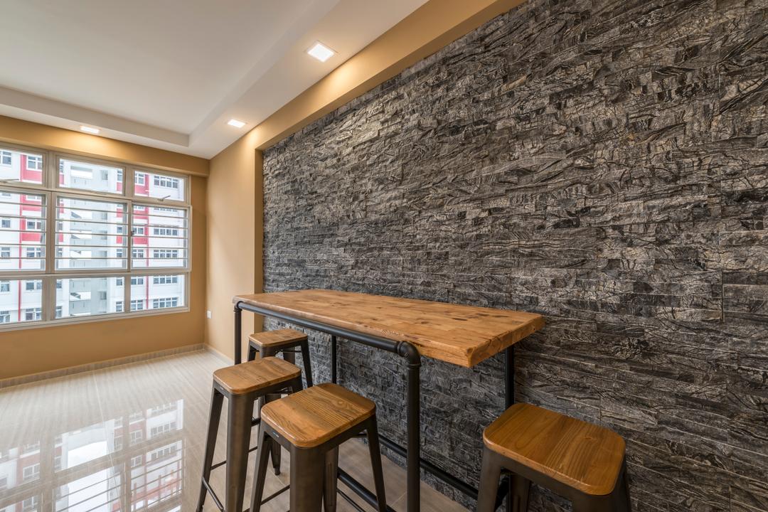 Choa Chu Kang (Block 812C), ID Gallery Interior, Traditional, Dining Room, HDB, Craftstone, Masonry Works, Tv Feature Wall, Uneven Wall, Uneven Texture, Texture, Rough Surface, Rough Wall, Feature Wall, Bar Stool, Furniture, Chair, Dining Table, Table