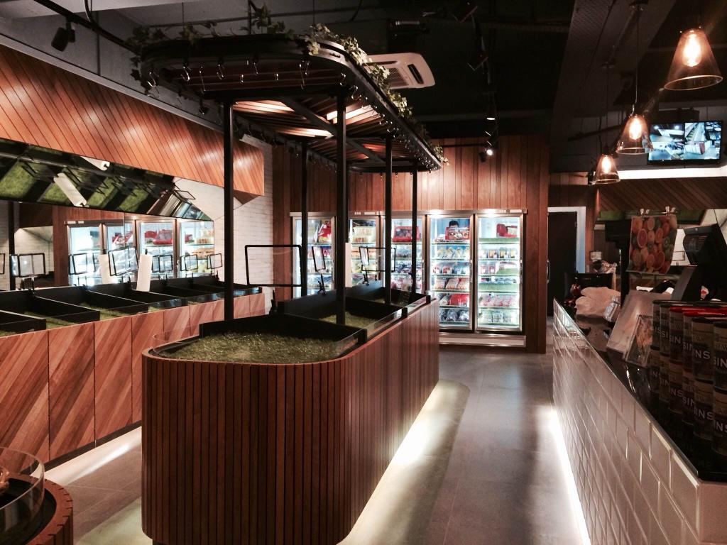 The Fruits Shop @ SS2, Petaling Jaya, Commercial, Interior Designer, MLA Design, Industrial, Wooden Paneling, Black Track Lights, Salad Counter, Refrigerator, Retail, Pendant Lamps, Hanging Lamps, Curved Counter, Curved Countertop, Apartment, Building, Housing, Indoors, Loft