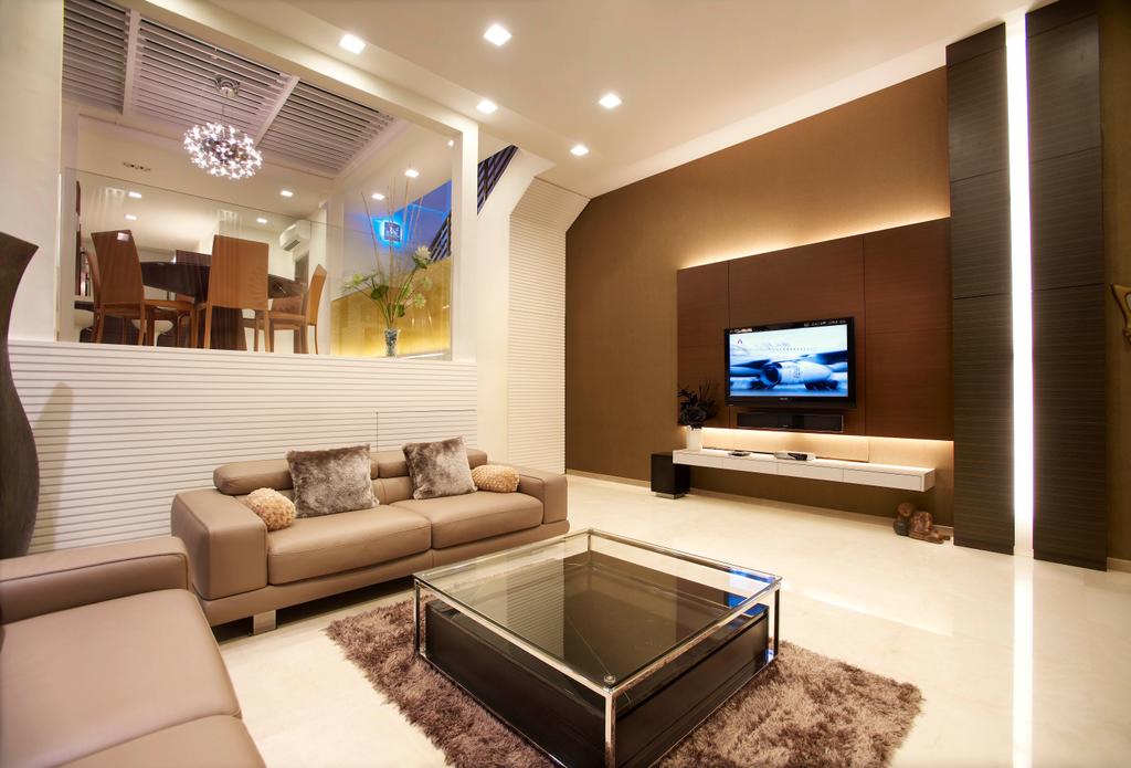 Modern, Landed, Living Room, Paya Lebar Road, Interior Designer, Spire Id, Glass Wall, Flatscreen Tv, Concealed Lights, Tv Console, Wall Tv, Brown Leather Sofa, Floating Television Console, Rug, Fur Rug, Wall Mounted Tv, Brown Coffee Table, Sofa, Wall Mounted Television, White Floor, Concealed Lighting, Hidden Interior Lights, Brown Brick Wall, Tv Feature Wall, Recessed Lights, Feature Wall, Indoors, Interior Design, Lobby, Room, Furniture, Electronics, Entertainment Center, Home Theater