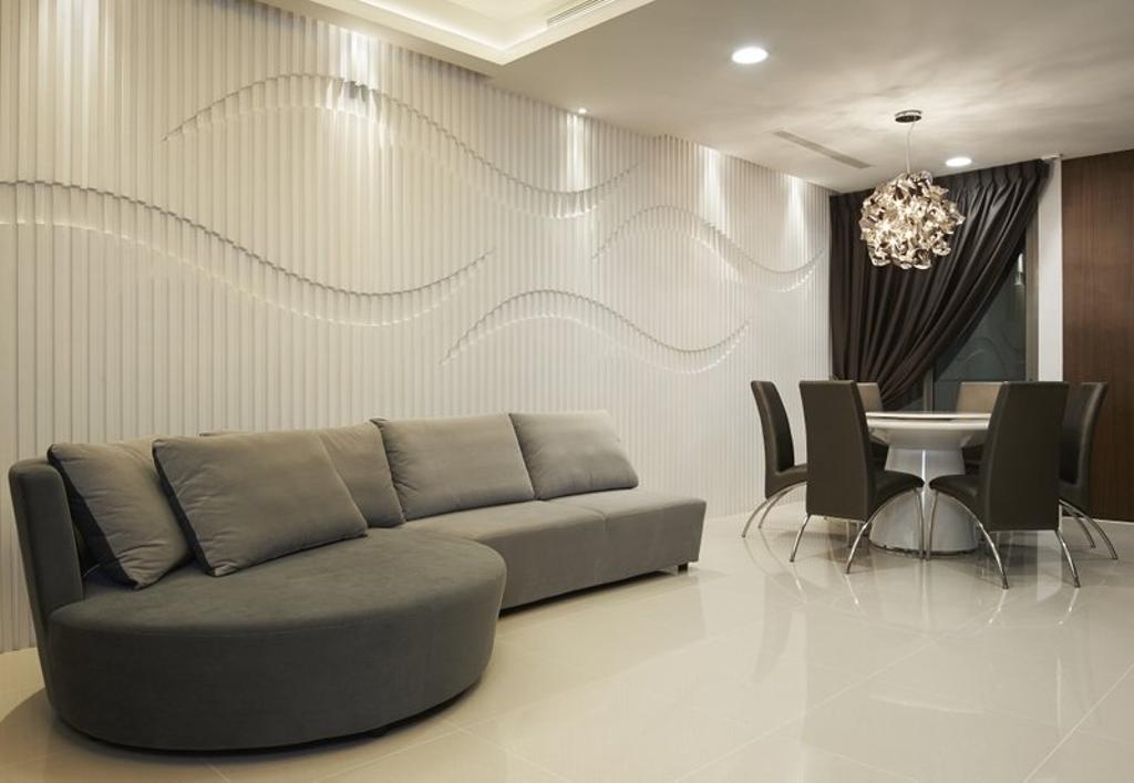 Modern, Landed, Living Room, Jalan Bahar, Interior Designer, Spire Id, Hanging Lights, False Ceiling, Dining Chairs, Grey Sofa, Dining Table, Curtains, White Wall, Sofa, White Floor, Recessed Lights, Tv Feature Wall, Feature Wall, Furniture, Table, Chair, Couch, Indoors, Room, Conference Room, Meeting Room, Interior Design