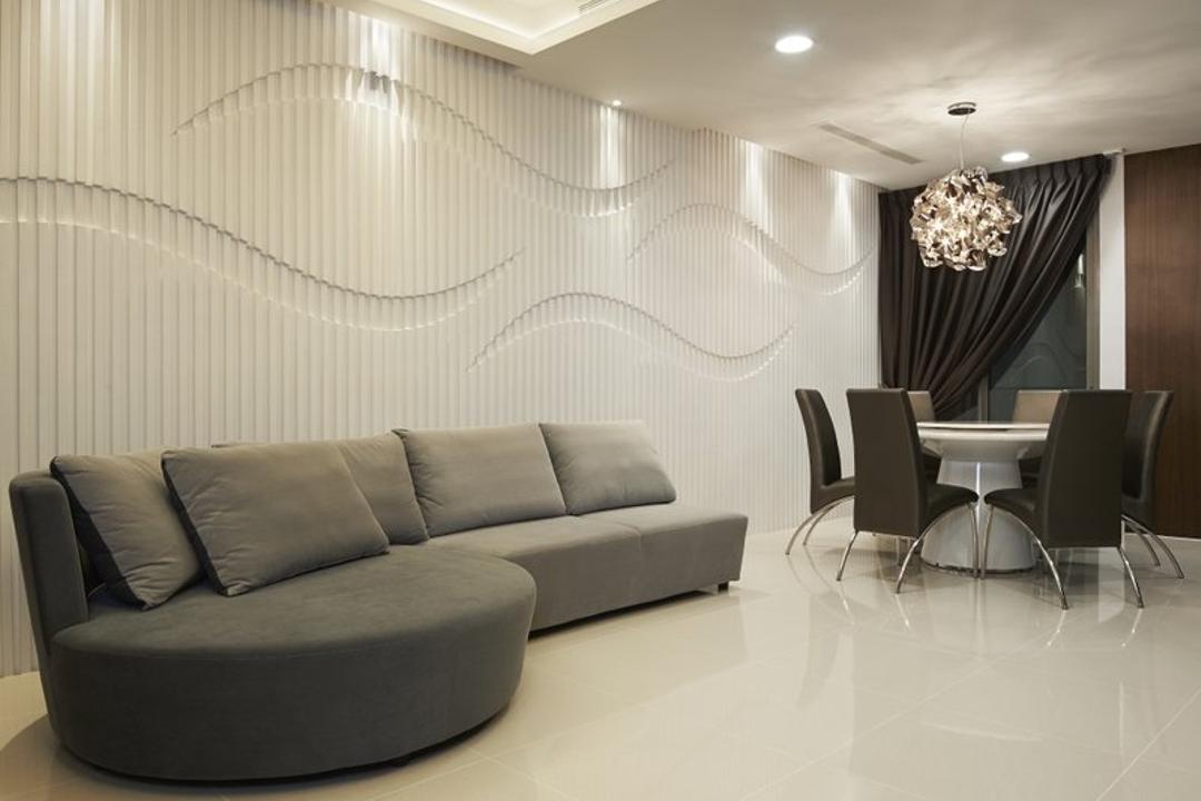 Jalan Bahar, Spire Id, Modern, Living Room, Landed, Recessed Lighting, Recessed Lights, False Ceiling, White Walls, White Flooring, Curtains, Grey Sofa, Gray Sofa, Sofa, Feature Wall, Dining Table, Dining Chairs, Hanging Lights, Furniture, Table, Chair, Couch, Indoors, Room, Conference Room, Meeting Room, Interior Design