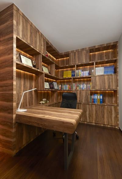 Jalan Bahar, Spire Id, Modern, Study, Landed, Wooden Shelves, Concealed Lighting, Shelf Lighting, Brown Floor, Brown Shelves, Open Shelves, Desk Lamp, Desk Lighting, Black Chair, Swivel Chair, Wall Mounted Table, Wall Mounted Desk, Couch, Furniture, Bookcase, Lumber, Wood