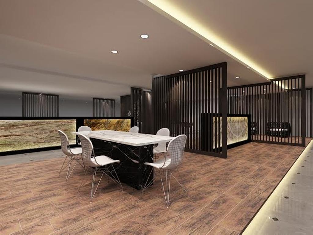 Sungei Kadut, Commercial, Interior Designer, Spire Id, Modern, Concealed Lighting, Concealed Lights, False Ceiling, Recessed Lights, Partition Wall, Black Partition, White Table, White Chair, Wooden Platform, Laminated Floor, Wooden Flooring, Open Space Concept, Chair, Furniture, Crib, Indoors, Room