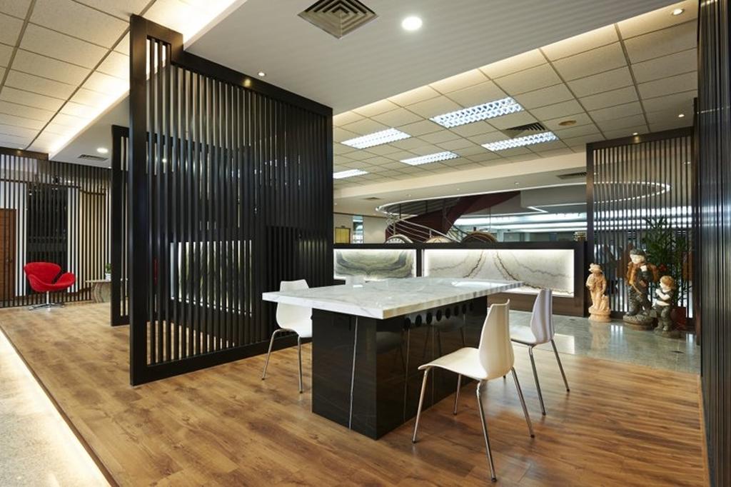 Sungei Kadut, Commercial, Interior Designer, Spire Id, Modern, White Chair, False Ceiling, Black Partition, Laminated Floor, Wooden Platform, Partition Wall, Wooden Flooring, White Table, Recessed Lights, Open Space Concept, Dining Table, Furniture, Table, Chair, HDB, Building, Housing, Indoors, Loft