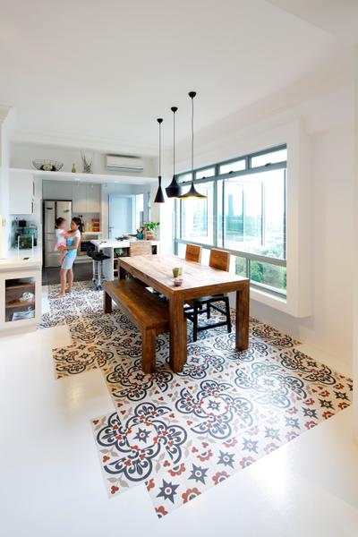 Artists Home & Studio, Lekker Architects, Contemporary, Dining Room, HDB, Pendant Light, Designed Tiles, Wooden Table, Wooden Bench, Dining Table, Dining Bench, Human, People, Person, Chair, Furniture, Table, Indoors, Interior Design, Room