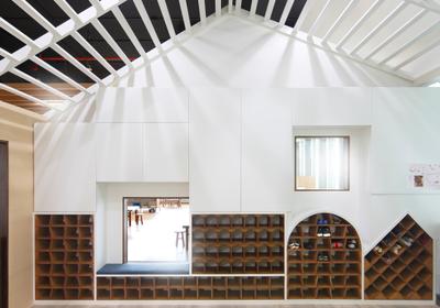 Cove 2 Preschool, Lekker Architects, Contemporary, Commercial, Slanted Ceiling, White Ceiling, White Wall, Open Shelves, Bookcase, Furniture, Banister, Handrail, Staircase, Cardboard
