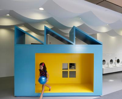 Cove 2 Preschool, Lekker Architects, Contemporary, Commercial, White Ceiling, Blue Playhouse, Wavy Ceiling, Yellow Playhouse, Recessed Lights, Human, People, Person, Sink, Collage, Poster, Indoors, Interior Design