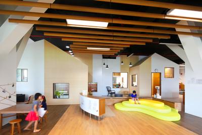 Cove 2 Preschool, Lekker Architects, Contemporary, Commercial, Wooden Ceiling Beams, Ceiling Beam, Wood Flooring, Yellow Platform, White Cabinet, White Wall, Ceiling Lights, Human, People, Person, Indoors, Interior Design
