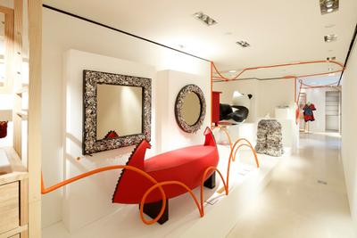Hermes Petit H, Lekker Architects, Contemporary, Commercial, Mirror, Wall Mounted On Wall, Wooden Shelves, White Floor, Red Cushion, Dining Room, Indoors, Interior Design, Room