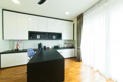 25A Parry Avenue, Corazon Interior, Contemporary, Landed, Monochrome Shelves, White Curtains, Black Desk, Wall Mounted Shelves, Curtains, Monochrome Cabinets, Wooden Flooring, Recessed Lights, Timber Floor, Flooring