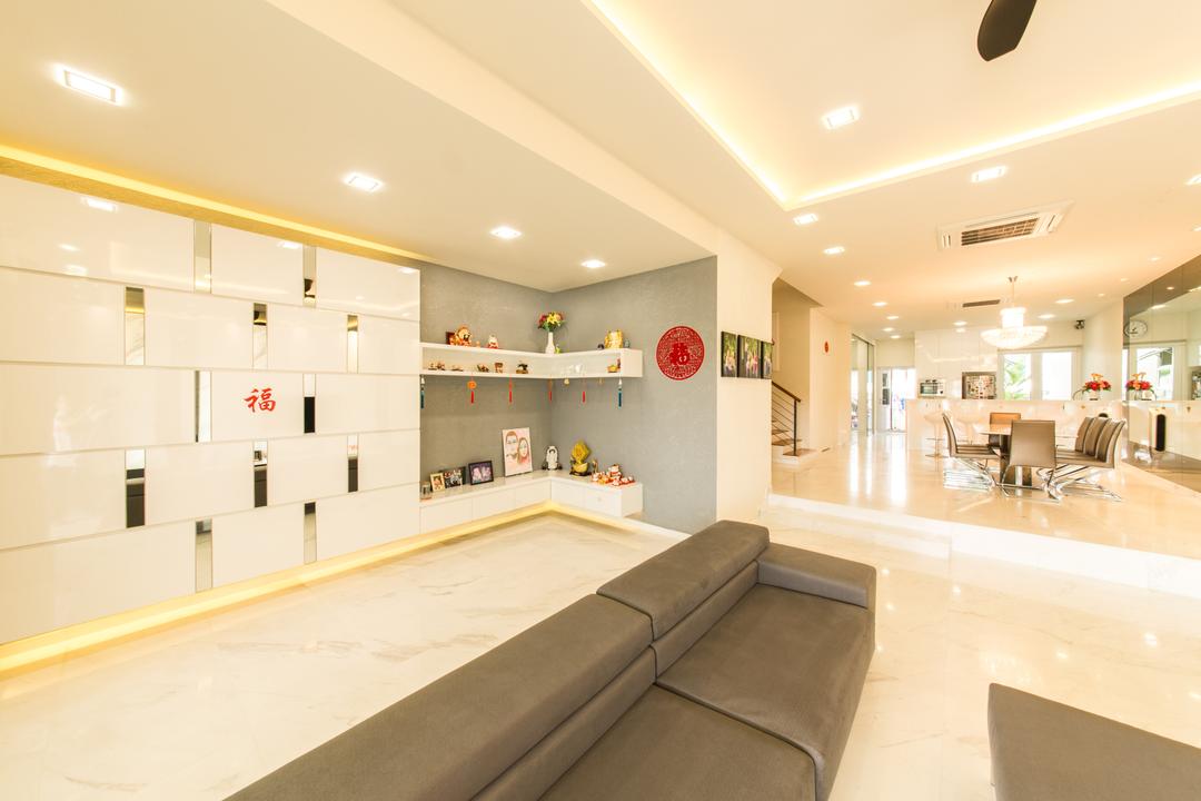 25A Parry Avenue, Corazon Interior, Contemporary, Living Room, Landed, False Ceiling, Grey Sofa, Concealed Lights, Wall Mounted Shelves, White Shelves, Display Shelf, Sofa, Concealed Lighting, Recessed Lights, Display Shelves, Indoors, Interior Design, Dining Room, Room, Flooring, Sink