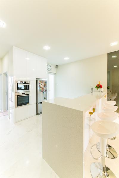 25A Parry Avenue, Corazon Interior, Contemporary, Kitchen, Landed, Bar Counter, Built In Oven, Built In Refrigerator, Bar Stool, White Bar Counter, Recessed Lights, White Bar Stool, Indoors, Interior Design, Appliance, Electrical Device, Microwave, Oven
