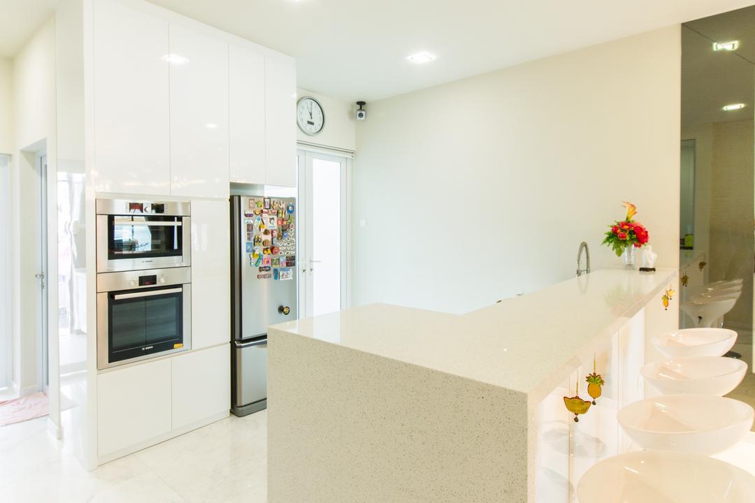 25A Parry Avenue, Corazon Interior, Contemporary, Kitchen, Landed, Bar Counter, Built In Oven, Built In Refrigerator, Bar Stool, White Bar Counter, Recessed Lights, White Bar Stool, Indoors, Interior Design, Appliance, Electrical Device, Microwave, Oven