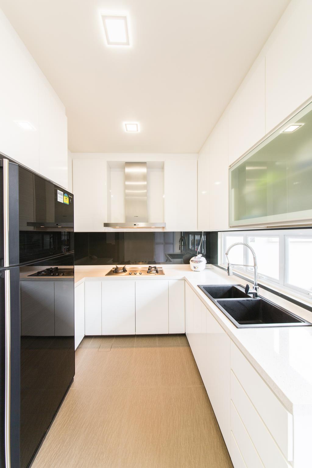 Contemporary, Landed, Kitchen, 25A Parry Avenue, Interior Designer, Corazon Interior, Recessed Lighting, Recessed Lights, Wooden Flooring, Light Wood, Laminated Floor, White Cabinets, Cooker Hood, Cooking Hood, Indoors, Interior Design, Room, Appliance, Electrical Device, Oven, Bathroom
