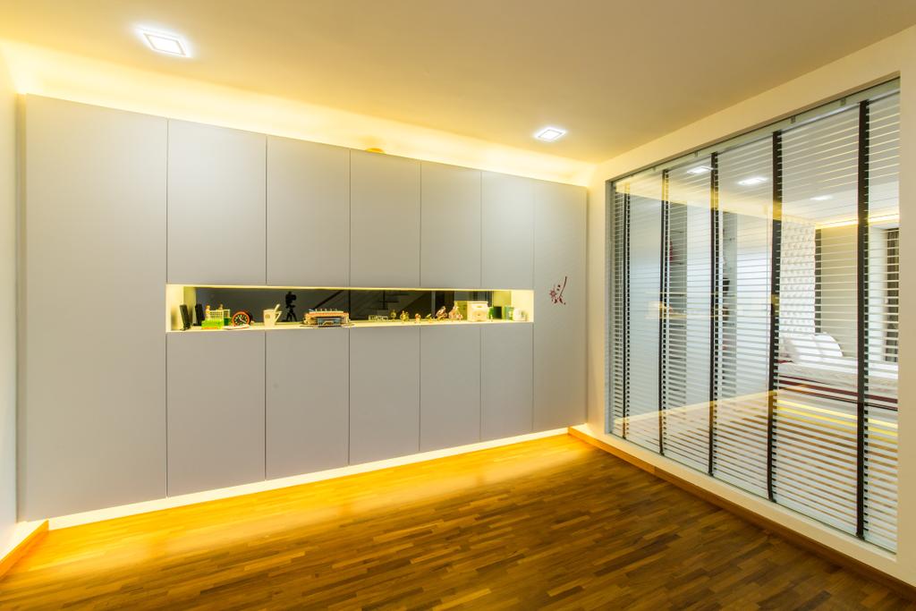 Contemporary, Landed, 25A Parry Avenue, Interior Designer, Corazon Interior, Wooden Flooring, Timber Floor, Concealed Lighting, Concealed Lights, Yellow Lighting, Recessed Lighting, Recessed Lights, Venetian Blinds, Glass Walls, Blinds, Wall Mounted Cupboards, Grey Cupboard, Gray Cupboard, Hardwood, Wood