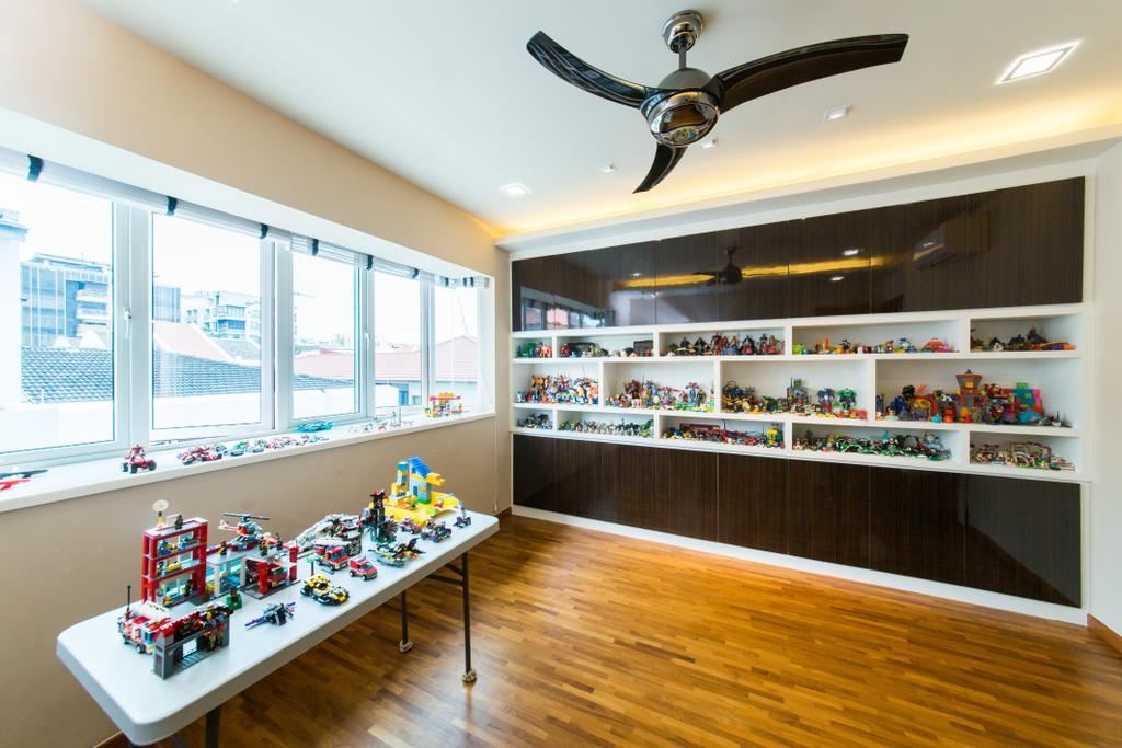 Contemporary, Landed, 25A Parry Avenue, Interior Designer, Corazon Interior, Open Shelves, Monochrome Shelves, Concealed Lights, Toy Displays, Timber Flooring, Wooden Flooring, Concealed Lighting, Mini Ceiling Fan, White Table, Recessed Lights, Indoors, Interior Design