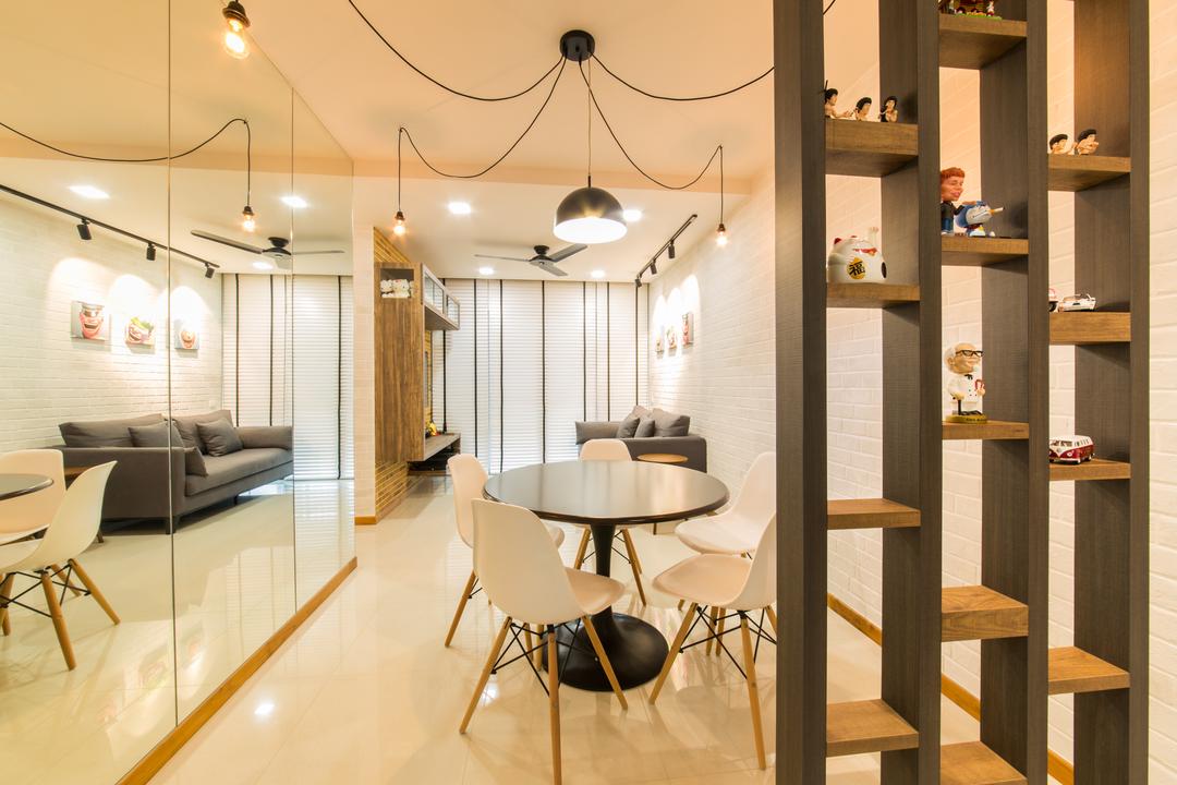 Tampines Central 8 (Block 519A), Corazon Interior, Scandinavian, Dining Room, HDB, Wall Mirror, Full Length Mirror, Hanging Lights, Pendant Lights, Round Table, White Chair, Open Shelf, Partition Shelf, Indoors, Interior Design, Room, Dining Table, Furniture, Table, Chair