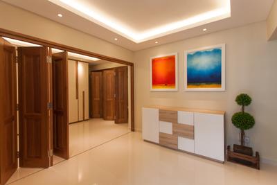 Ang Mo Kio (Block 234), Space Atelier, Modern, HDB, Foldable Doors, False Ceiling, Wall Portrait, White Kitchen Cabinets, Concealed Lights, Potted Plants, Concealed Lighting, Recessed Lights, Wooden Doors