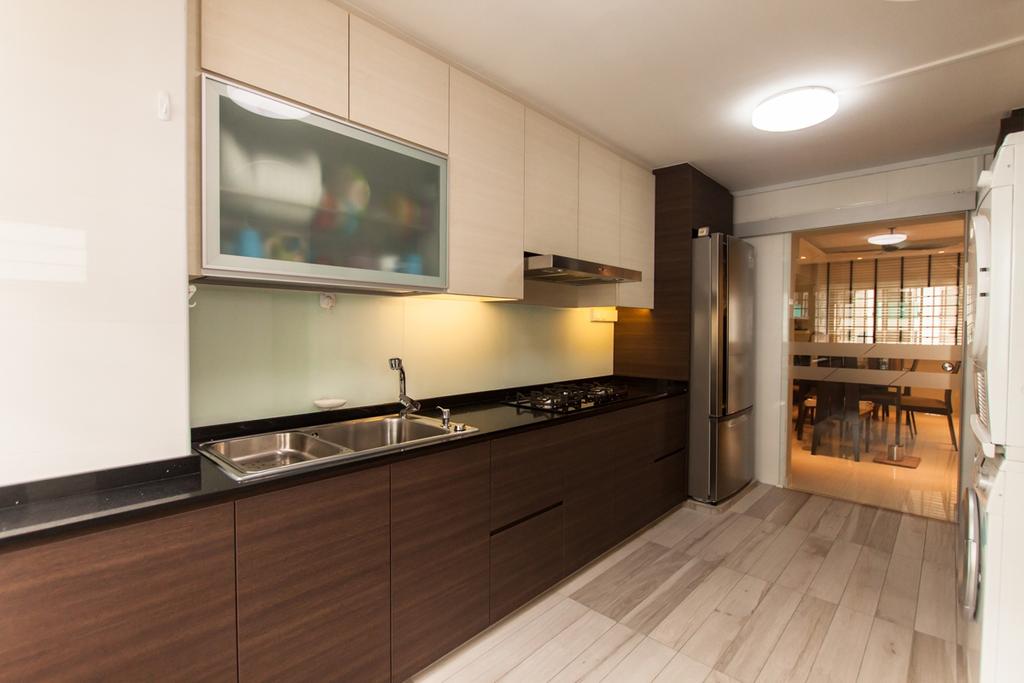 Modern, HDB, Kitchen, Ang Mo Kio (Block 234), Interior Designer, Space Atelier, Ceiling Lights, Wooden Floor, Laminated Floor, Laminated Cabinets, White Shelves, Wall Mounted Shelves