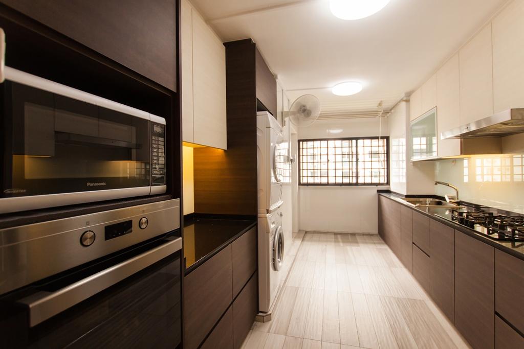 Modern, HDB, Kitchen, Ang Mo Kio (Block 234), Interior Designer, Space Atelier, White Shelves, Wall Mounted Shelves, Ceiling Lights, Laminated Cabinets, Laminated Floor