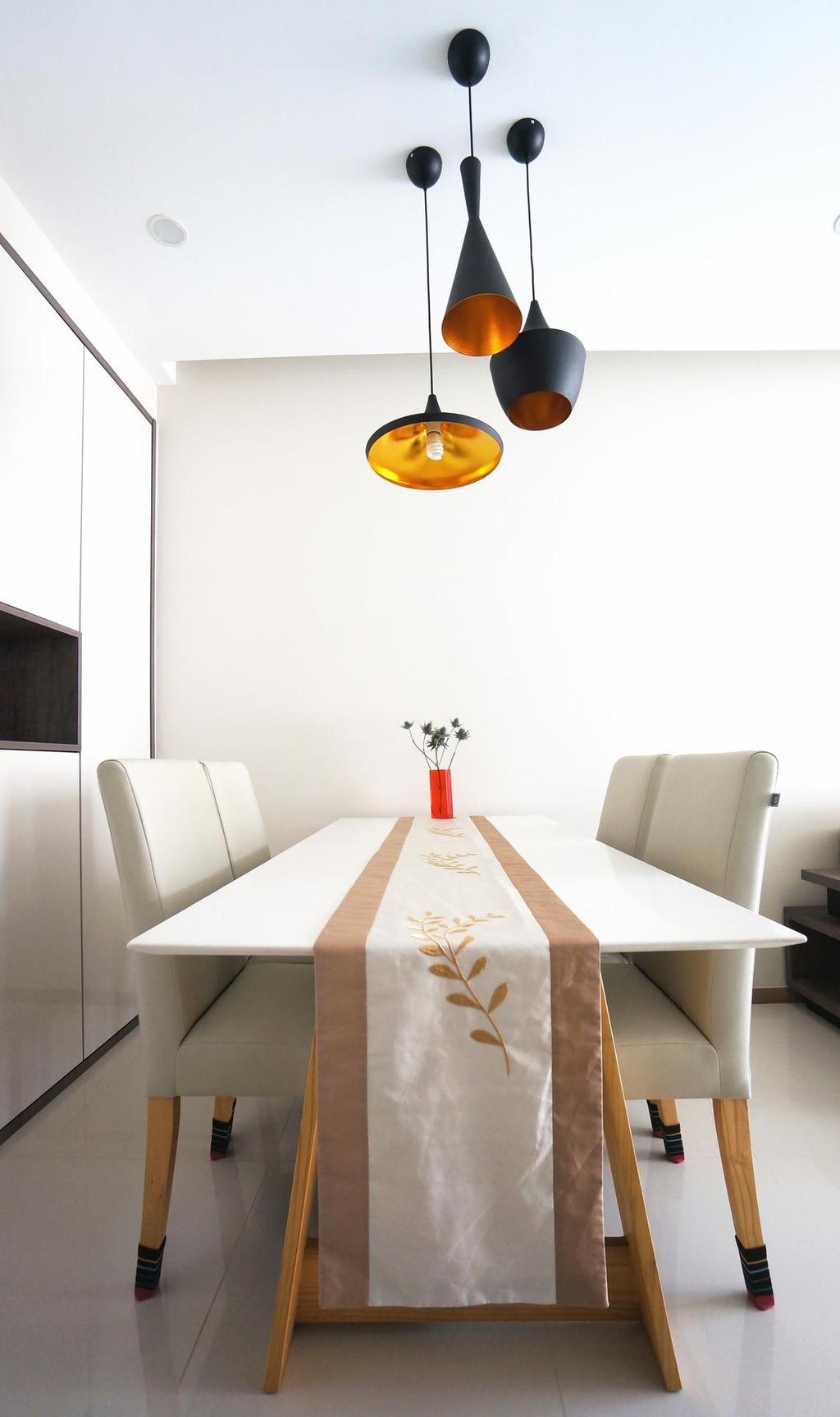 Contemporary, Condo, Dining Room, Blossom Residences, Interior Designer, Space Atelier, Pendant Lights, White Cabinet, White Chair, White Table, Dining Table, Dining Chairs, Table Mat, Potted Plants, Furniture, Table, Chair, Indoors, Interior Design, Room, Home Decor, Linen, Tablecloth