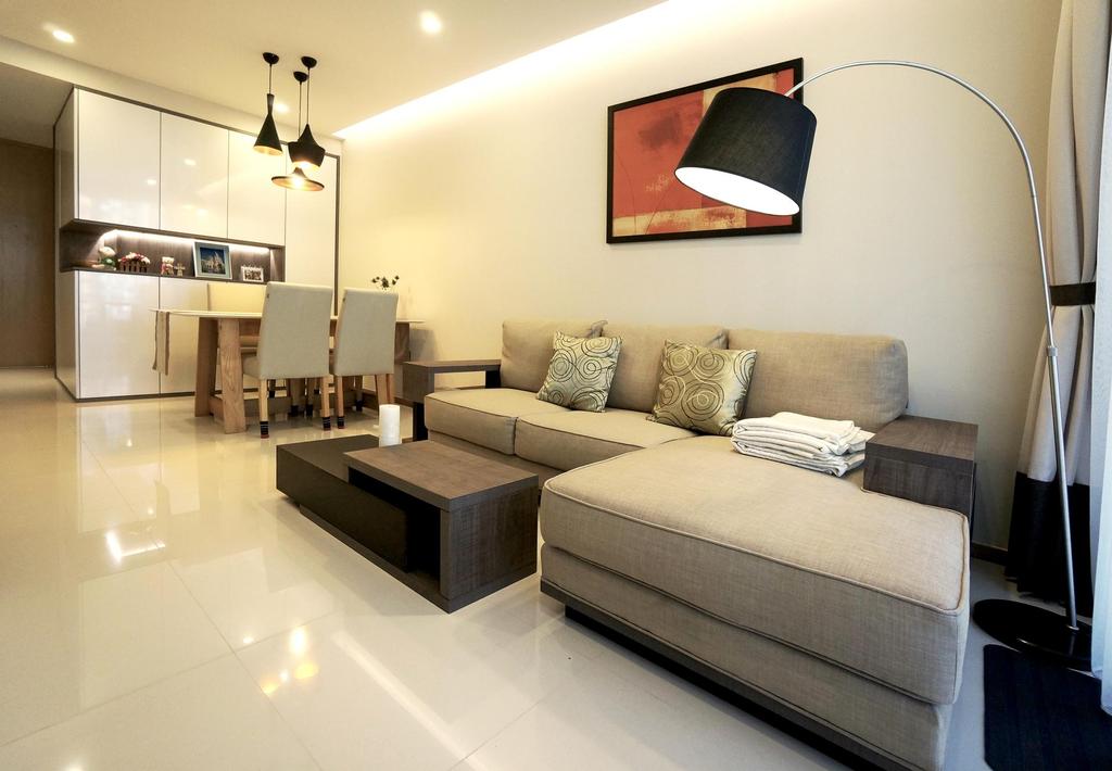Contemporary, Condo, Living Room, Blossom Residences, Interior Designer, Space Atelier, False Ceiling, Concealed Lights, Recessed Lights, Floor Lamp, L Shaped Sofa, Sofa, Brown Coffee Table, Pendant Lights, Couch, Furniture, Indoors, Interior Design, Home Decor, Linen