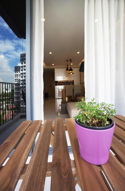 Blossom Residences, Space Atelier, Contemporary, Balcony, Condo, White Curtains, Wooden Table, Potted Plants, Flora, Herbs, Jar, Plant, Planter, Potted Plant, Pottery, Vase