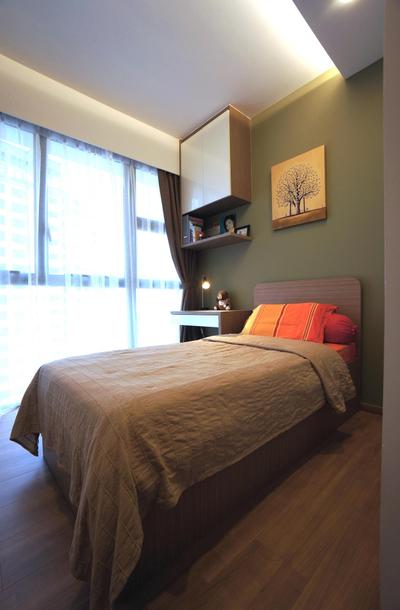 Blossom Residences, Space Atelier, , Bedroom, , False Ceiling, Wooden Flooring, Laminated Floor, Curtains, Double Layer Curtains, Wall Mounted Shelf, Wall Shelf, Wall Portrait, Table, Shelf, Bed, Furniture, Indoors, Interior Design, Room