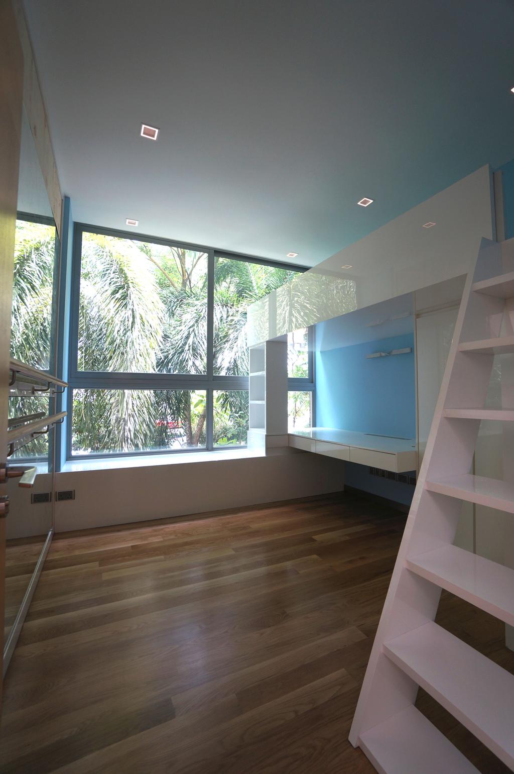 Modern, Condo, Paterson Residences, Interior Designer, Space Atelier, Recessed Lights, Blue Wall, Wooden Flooring, Laminated Floor, White Ladder, Wall Mounted Desk, White Desk